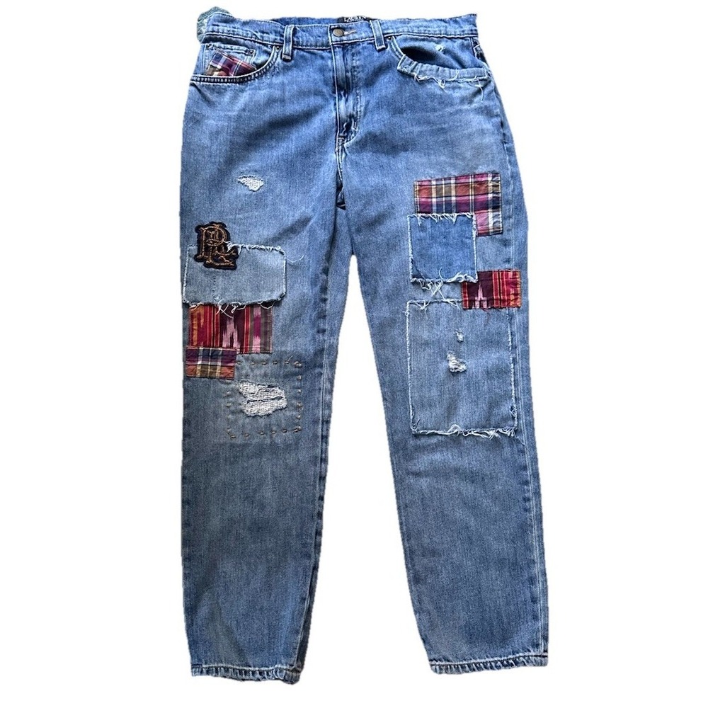 Lauren Ralph Lauren Womens Patchwork Relaxed Tapered Jeans Sz 32 X 28 Distressed
